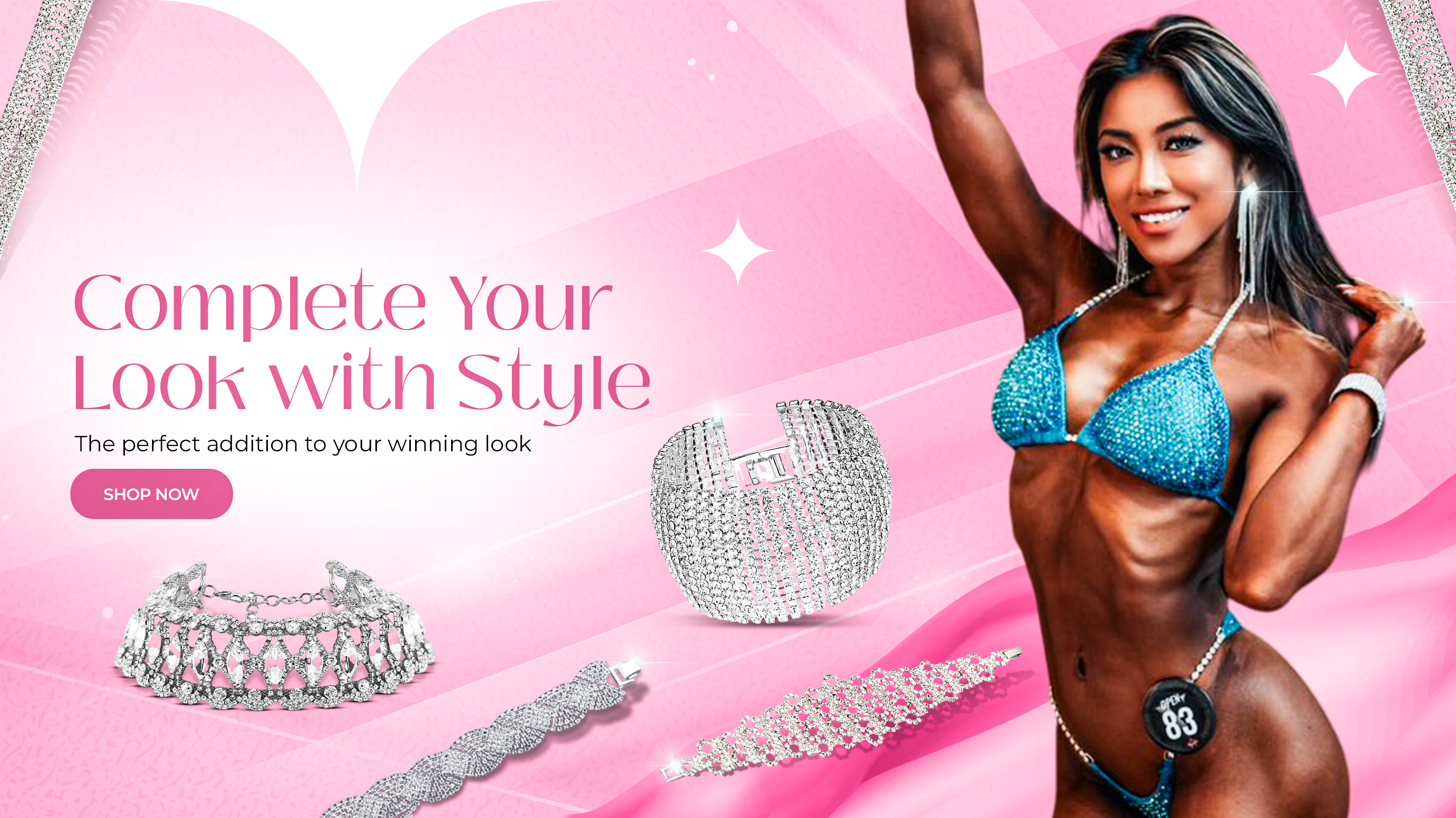 Elegant competition jewelry displayed on a sleek banner, featuring dazzling rhinestone earrings, statement bracelets, and sparkling accessories designed to enhance stage presence. Perfect for athletes and performers looking to shine under the spotlight
