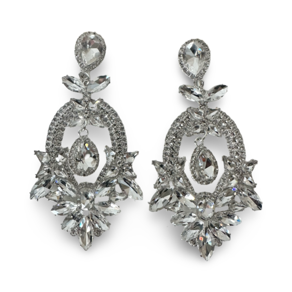 a pair of silver earrings with diamonds